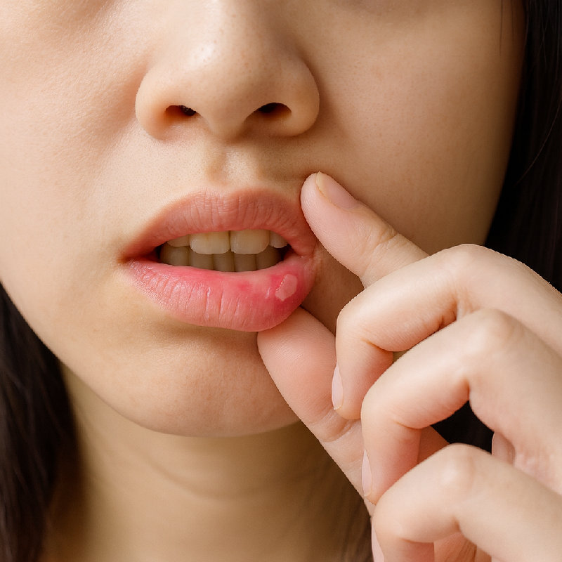 她因为吃太多酸性食物而患上口腔溃疡。