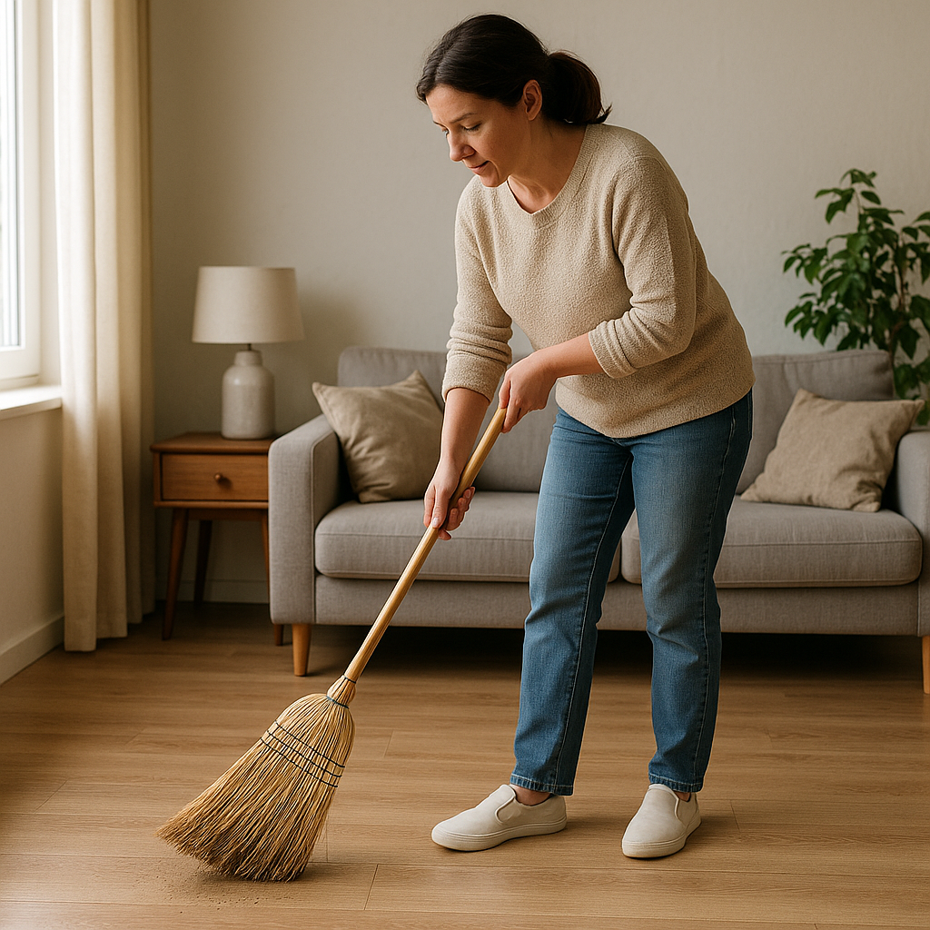 我每天早上用扫帚扫地。