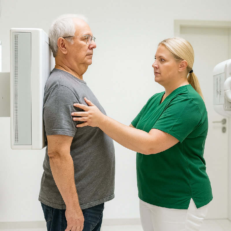 他得进行胸部X光检查。