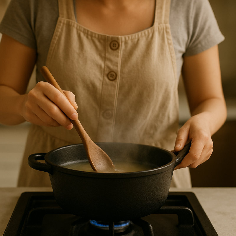 她正在用小火慢慢煮这道菜。