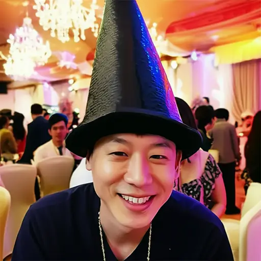 他戴了一顶黑色帽子去参加派对。