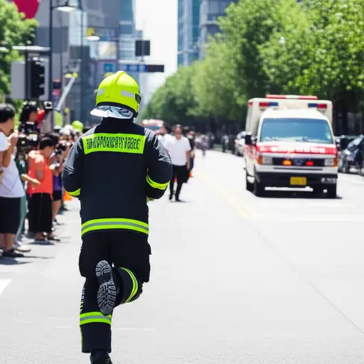 我们看到消防员和救护车正赶到现场。