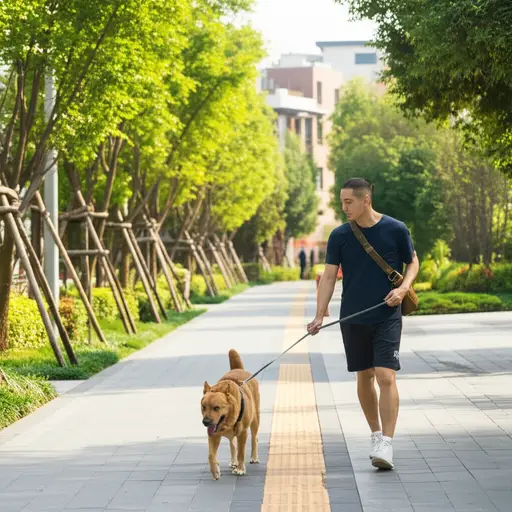 他每天早晨都沿着人行道遛狗。