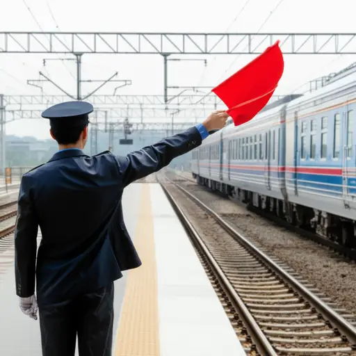 警卫挥动他的旗子，火车驶离了车站。