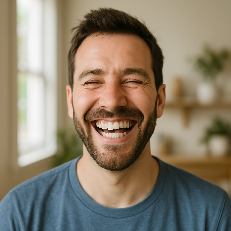 他听到好消息时笑得合不拢嘴。