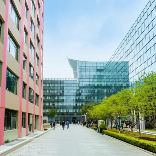 学校大楼在图书馆旁边。