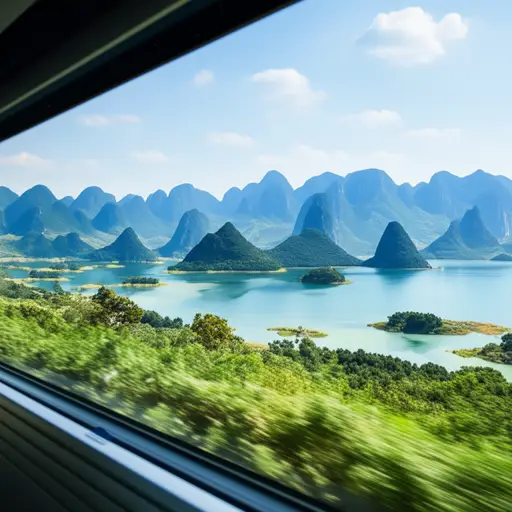 火车旅程展现了山峦湖泊的壮丽景色。