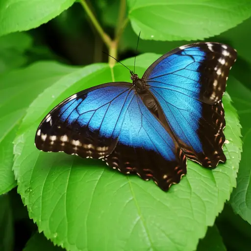 这只蝴蝶的翅膀是蓝色和黑色的。