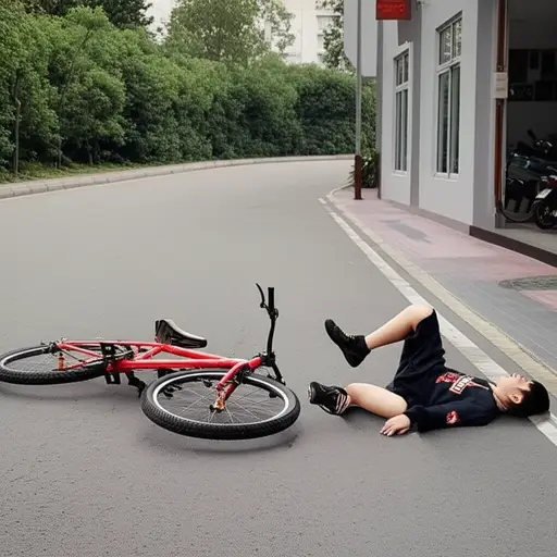 他从自行车上摔了下来。