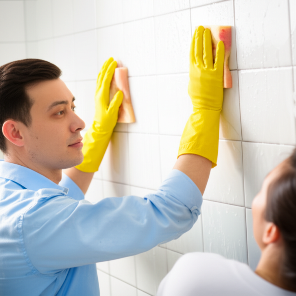 他们一起擦洗浴室的瓷砖。