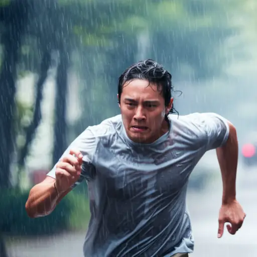 他无法处理它，开始在大雨中奔跑。