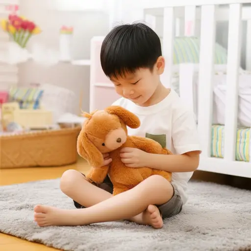 我弟弟正在和他的玩具狗玩耍。