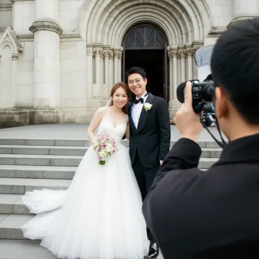 新娘和新郎在教堂外摆姿势拍照。