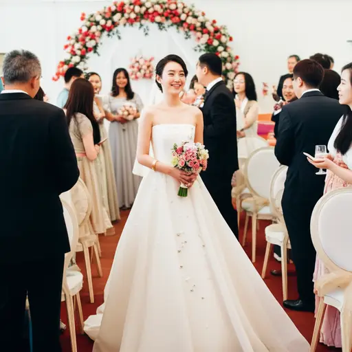 婚礼上，她穿了一件漂亮的奶油色裙子。