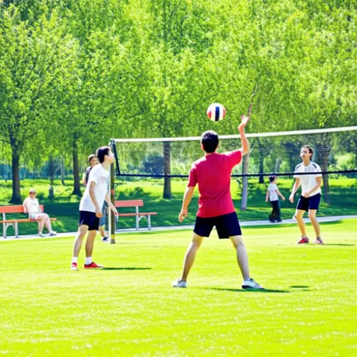 我们周末在公园里打排球。