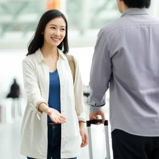 她走上前去帮他拿行李。