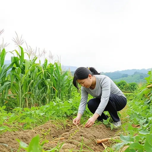 我姐姐是农民，我们必须种植山药、玉米、豆类和其他作物。