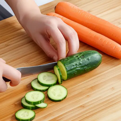 请在切菜板上切蔬菜。