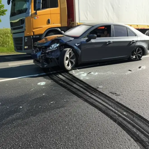 汽车打滑失控，撞上了一辆迎面驶来的卡车。