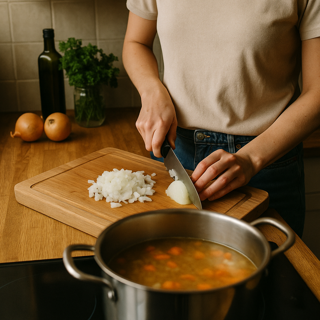 我需要先把洋葱切碎再做汤。