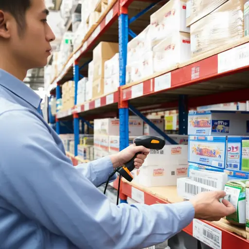 技术人员使用了一个手持设备来扫描条形码。