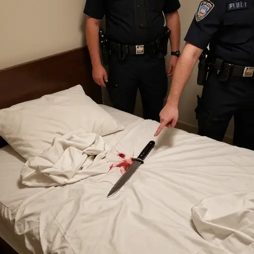 警方在他的枕头下发现了一把沾血的刀。