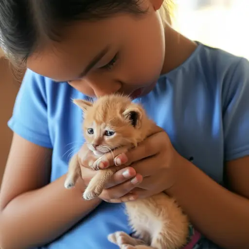 小女孩轻轻地捧着那只小小的猫仔。