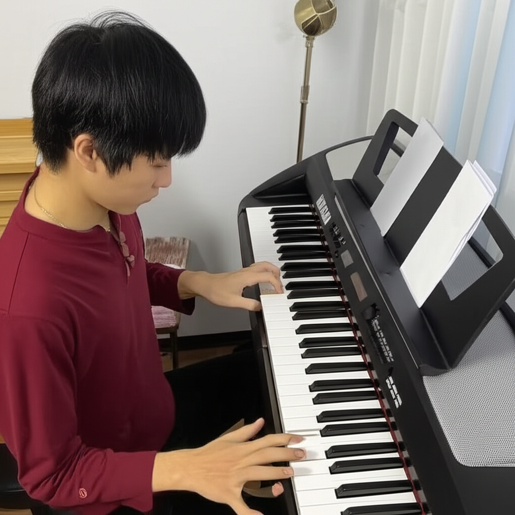 他在电子琴的键盘上练习音阶。