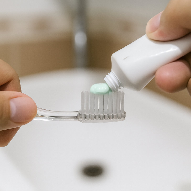 他正在把牙膏挤到牙刷上。