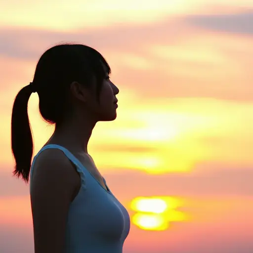 她静静地站着，钦佩地欣赏美丽的日落。