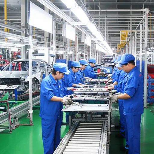 工厂车间里，工人们忙着组装汽车，一片繁忙。