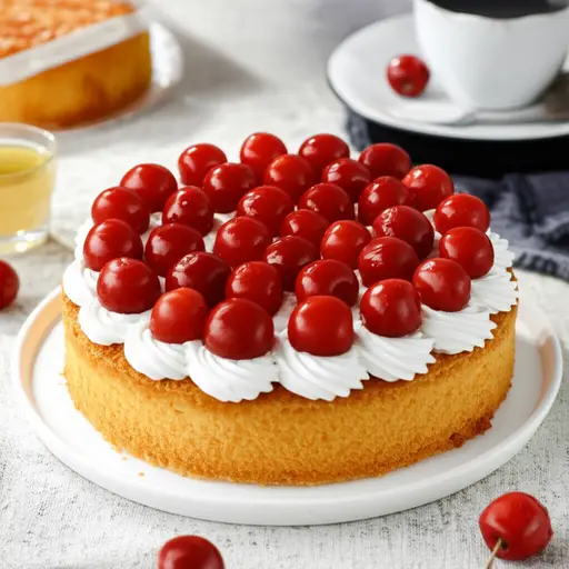 她用新鲜的樱桃装饰了蛋糕。