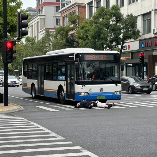 一辆公交车在十字路口撞倒并碾过了一名行人。