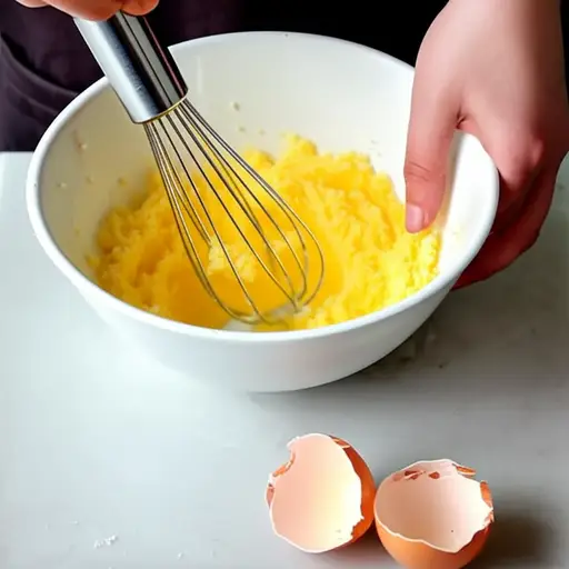 首先，将黄油和糖打匀，然后慢慢加入鸡蛋。