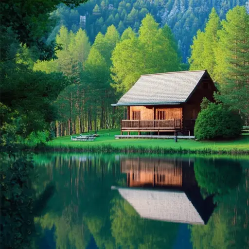 小木屋附近有一个宁静的湖泊。