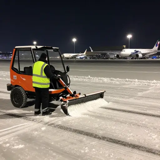 机场工作人员通宵工作，清理主跑道上的积雪。