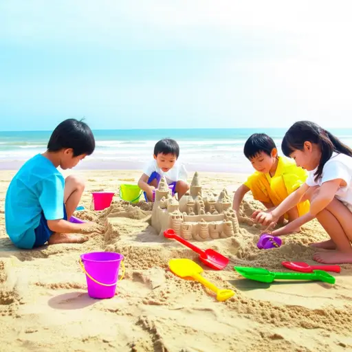 孩子们喜欢在沙滩上堆沙堡。