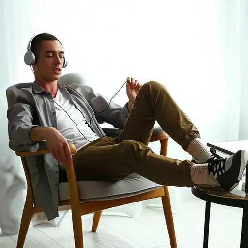 他随着音乐的节奏用脚打拍子。