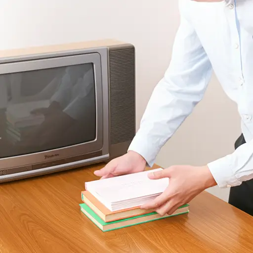 Rick 把书从桌子上拿开，为电视腾出空间。