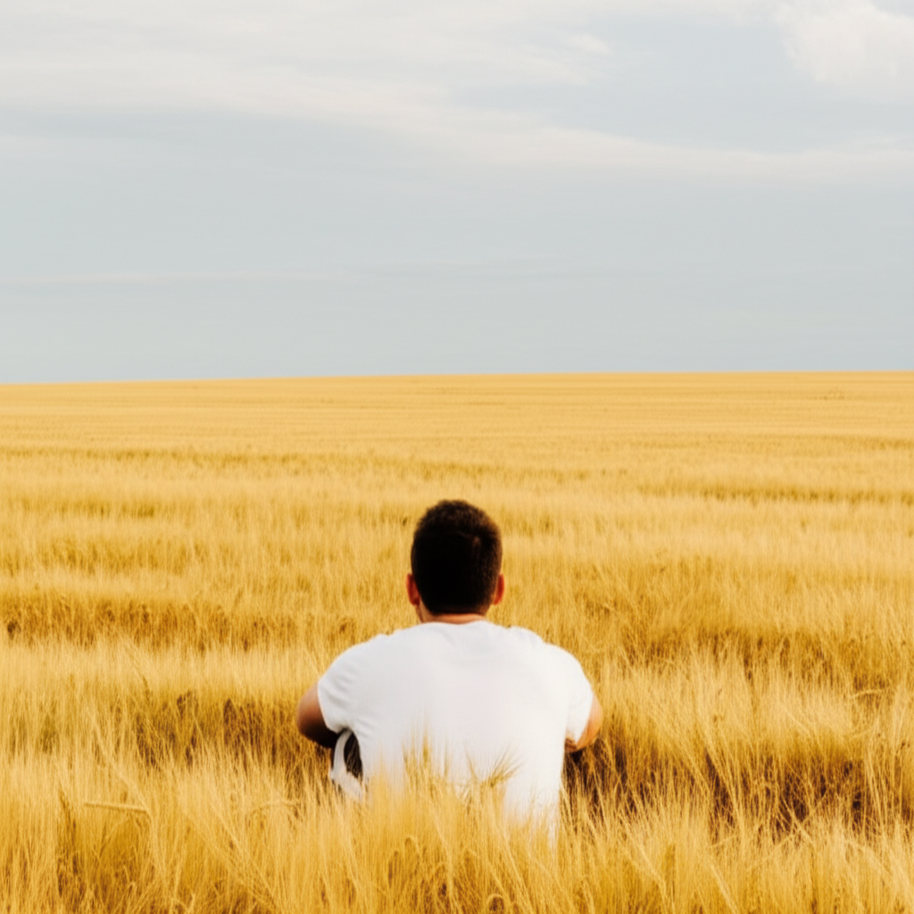 他独自一人坐在麦田里。