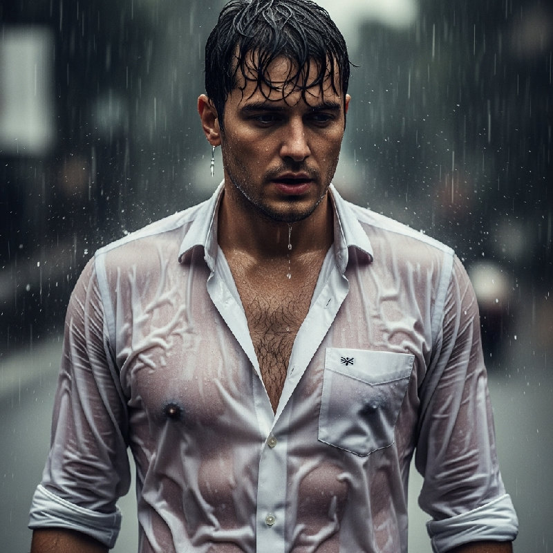 湿衬衫紧贴在他的胸部。