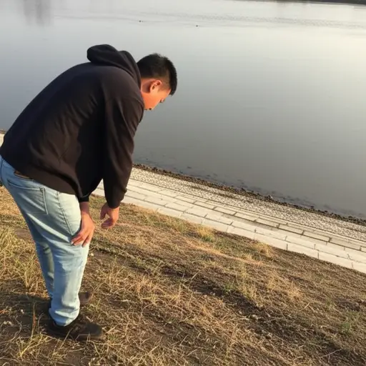 他下到河堤边去查看水位。