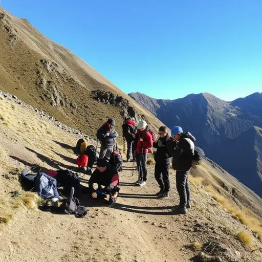 短暂休息喝水后，徒步者们继续向山顶攀登。