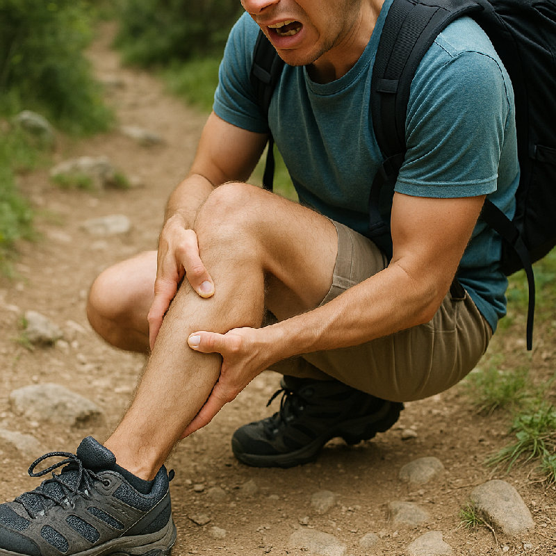 徒步时我小腿抽筋了。