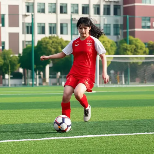她是学校足球队的成员。