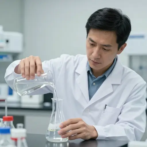 他小心地把化学溶液倒入烧杯。