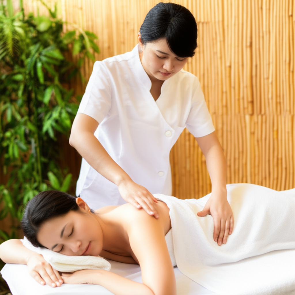 按摩师揉着她的肩胛骨以缓解紧张。