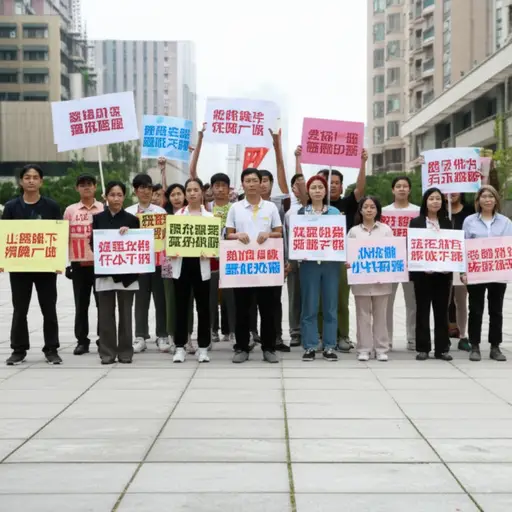 工人们聚集在广场上游行，抗议不公平的工作条件。