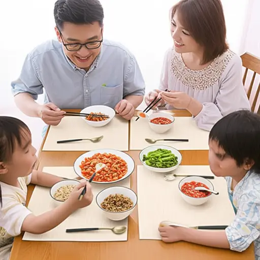 我们一家人围坐在餐桌旁吃饭。