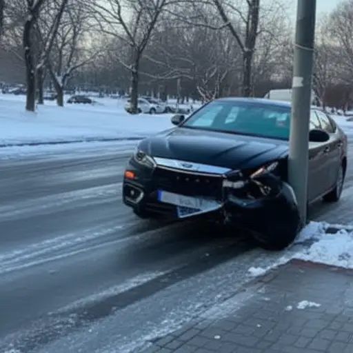 汽车在结冰的路面上打滑，撞上了一根路灯杆。